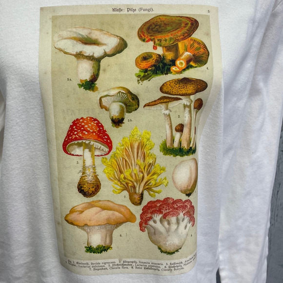 Hand Printed Upcycled Womens XL Vintage Reference Book Mushroom Fungi Long Tee - Picture 2 of 5